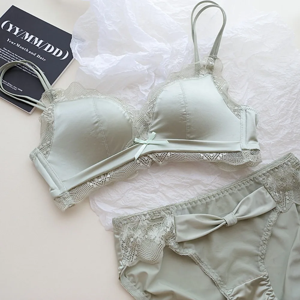 Women Satin Lace Bra Set Wireless Deep V Push Up for Small Bust, Side Support Seamless Lift Anti-Bulge Lingerie Underwear  32-38