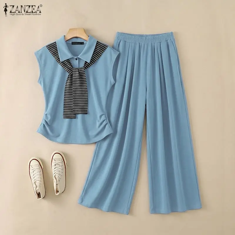 Women Fashion 2 Pieces Matching Sets Striped Tie Patchwork T-Shirt & Wide Leg Pant 2pcs Suits ZANZEA Casual Chic Tracksuits