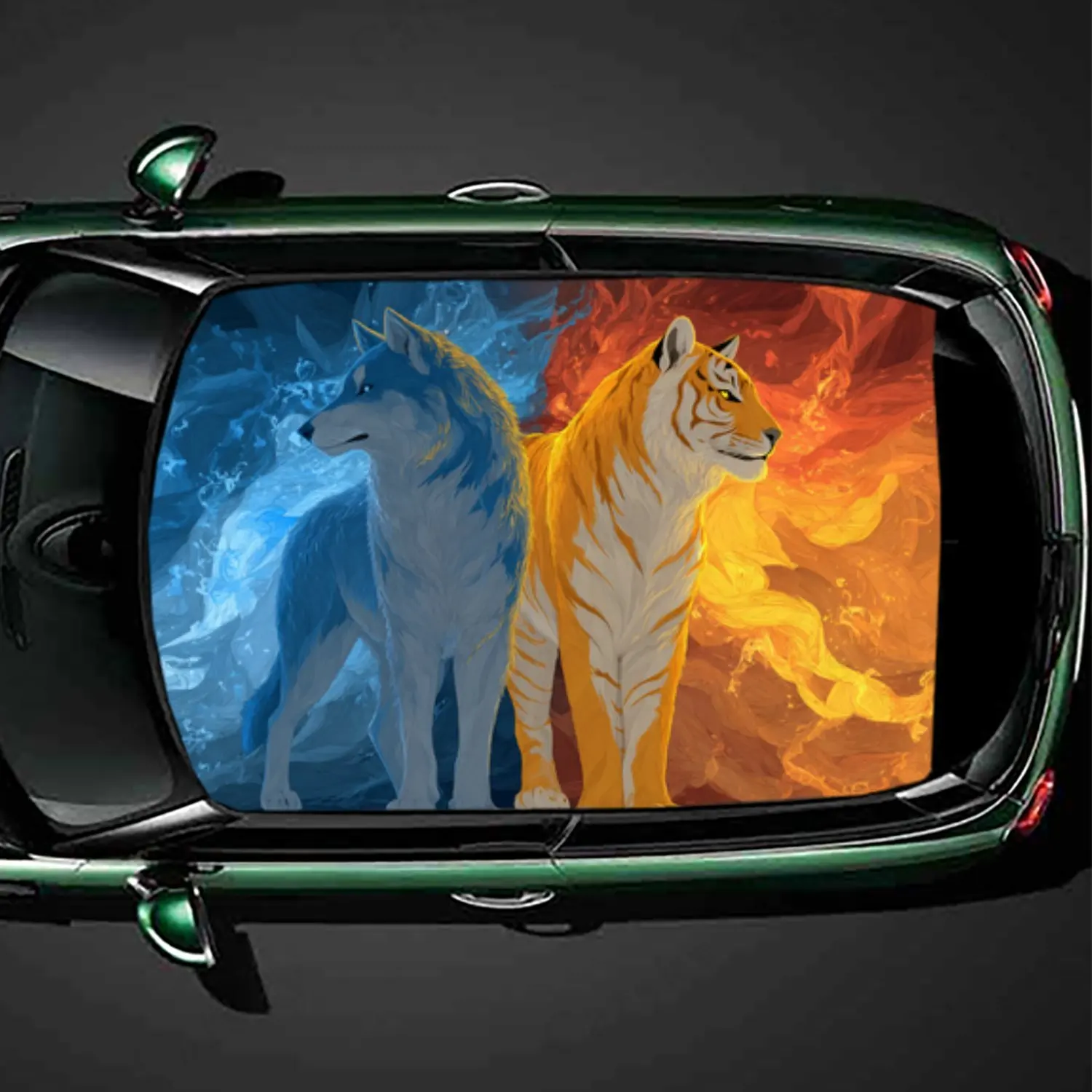 

Unique Ice & Fire Wolf & Tiger Car Roof Vinyl Wraps Sticker, Auto Decal, Artistic Vehicle Decoration, Self-adhesive Waterproof C