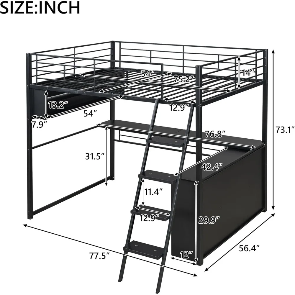 Vollmetall-Hochbett mit Schreibtisch und LED-Leuchten, Hochbett in voller Größe mit L-förmigem Schreibtisch und Ablageflächen für Teenager und Erwachsene, Schwarz