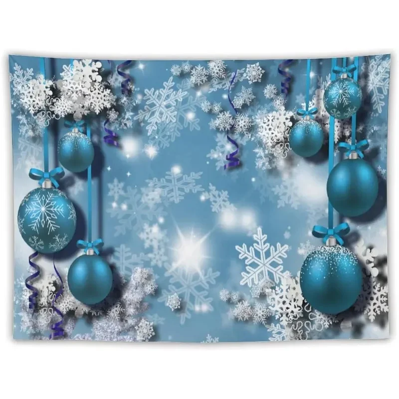 VIKAMA Blue Christmas Wall Tapestry Snowflake Glitter Baubles Ribbon Wall Hanging Backdrop for Bedroom Winter Holiday Decor