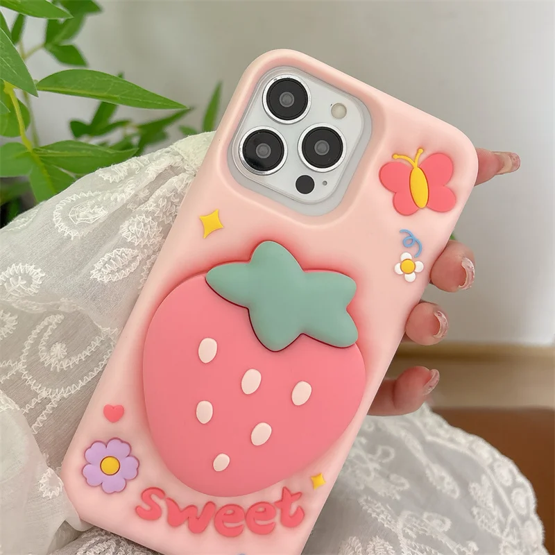 For iphone 16 pro max Pink strawberry fold bracket Soft Silicone Case for iphone 15 14 Plus 12 13 15 Pro Max 14pro Cute Patterns