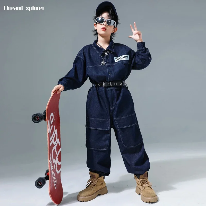 Kids Street Dance Denim Overalls Rompers Boys Hip Hop Bodysuit Girls Cargo Jeans Pants Jumpsuits Children Streetwear Dungarees