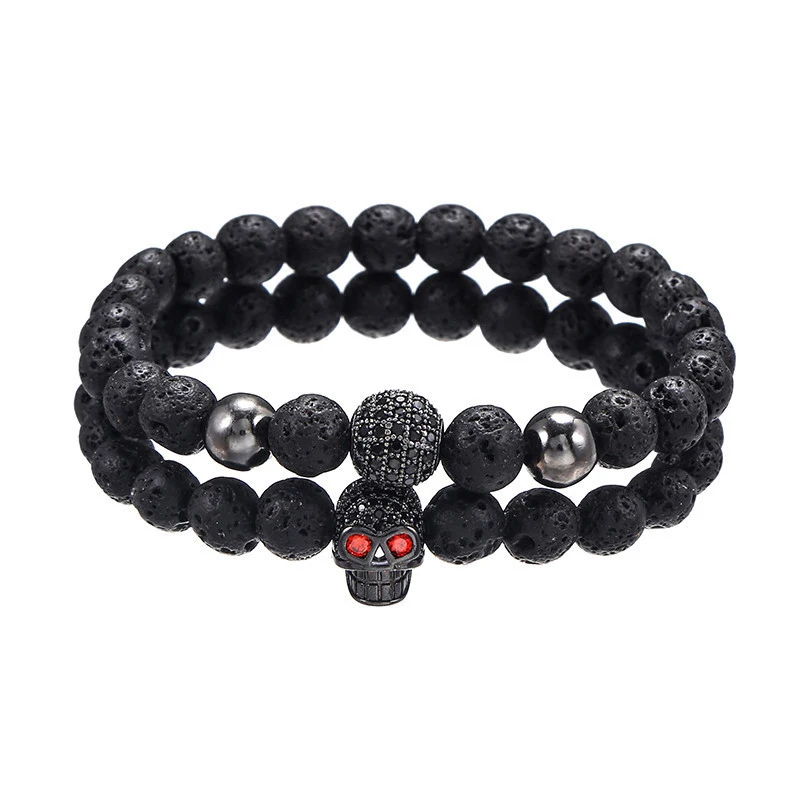 

2Pcs/Set Black Skull Bracelets Male Lava Stone Beads Bracelet Men Alloy Beads Charm Bracelets Women Punk Style Men Bangle