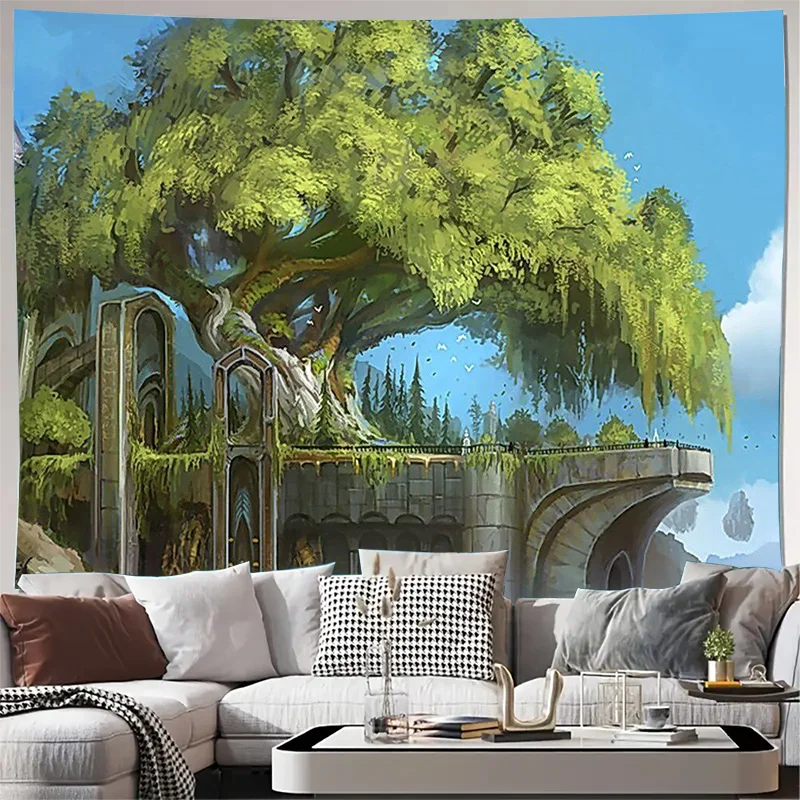 

Modern Art Home Decor Wall Tapestry Enchanting Tree & Ruins Design for Living Room or Bedroom Decoration High-Quality Fabric wit