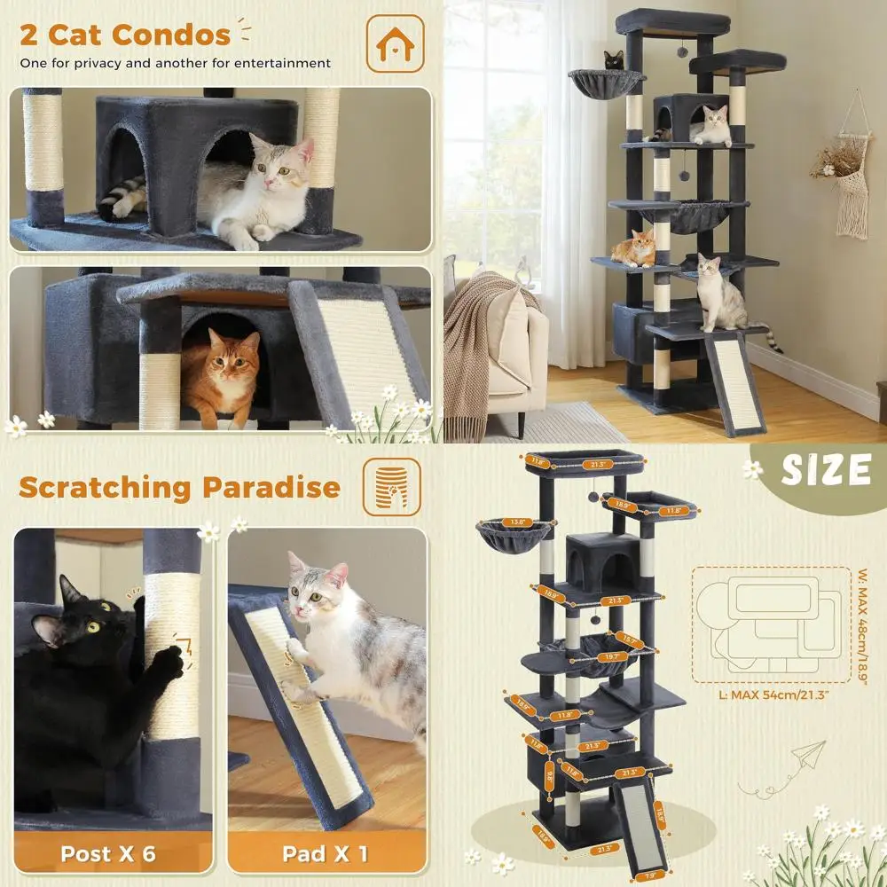 

Giant 81 Cat Tower for Large Cats, Heavy-Duty Metal Frame with Hammock, 6 Posts, 2 Condos, 2 Perches, Scratch Pad - Dark Grey