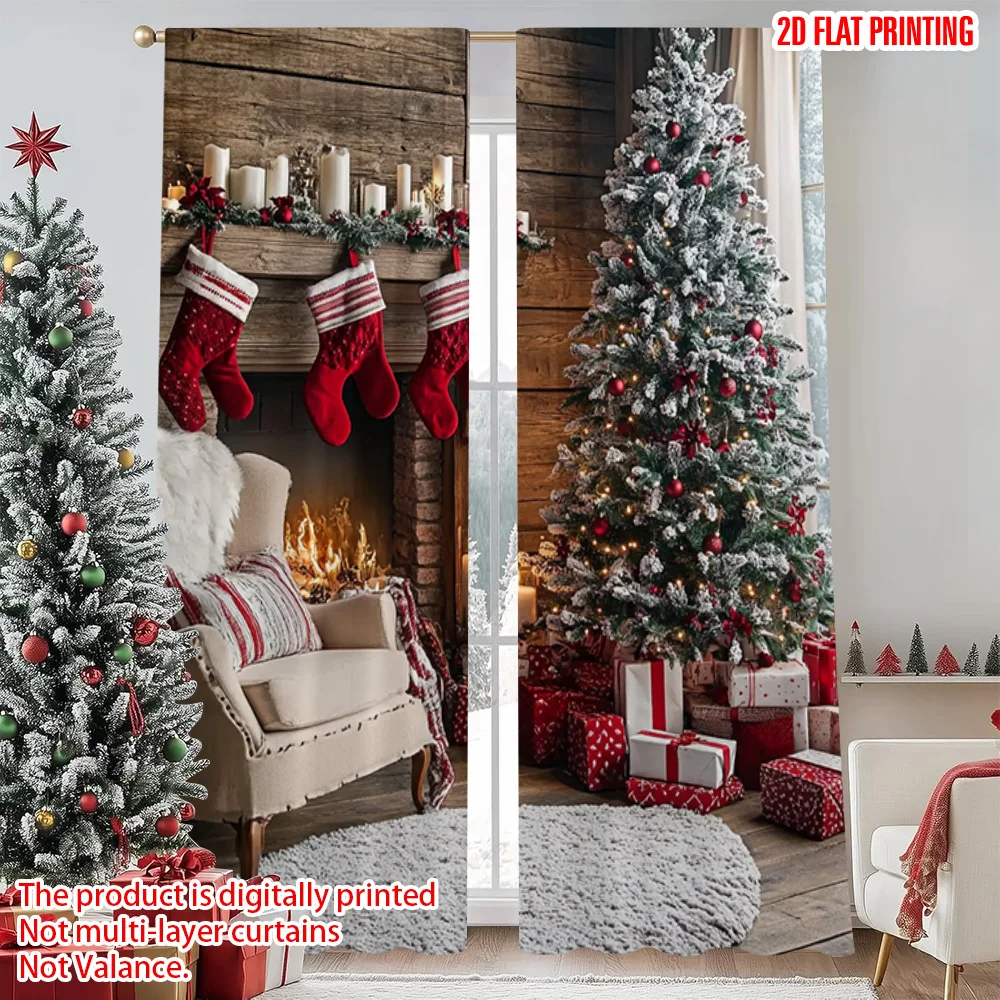 

2pcs 2D flat printing Merry Christmas Popular Party Window Curtains Winter snow Christmas tree 00 Durable Polyester Without