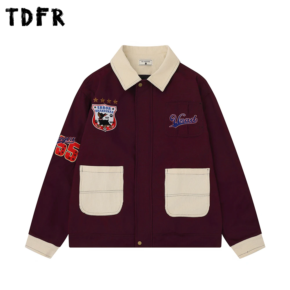 

Retro Badge Embroidery Cargo Jacket Mens Patchwork Pocket Autumn Casual Loose Lapel Long Sleeve Outerwear Man