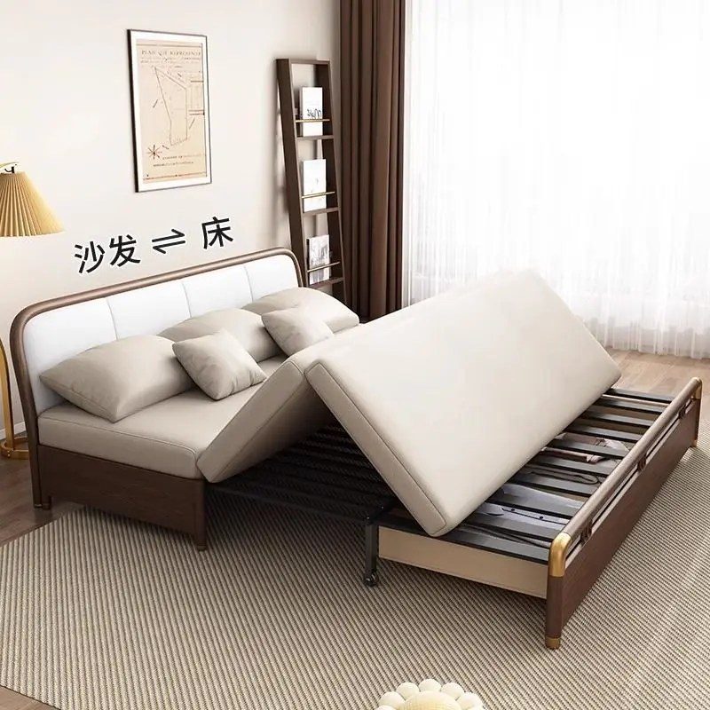 Solid wood sofa bed technology cloth push-pull folding small apartment living room