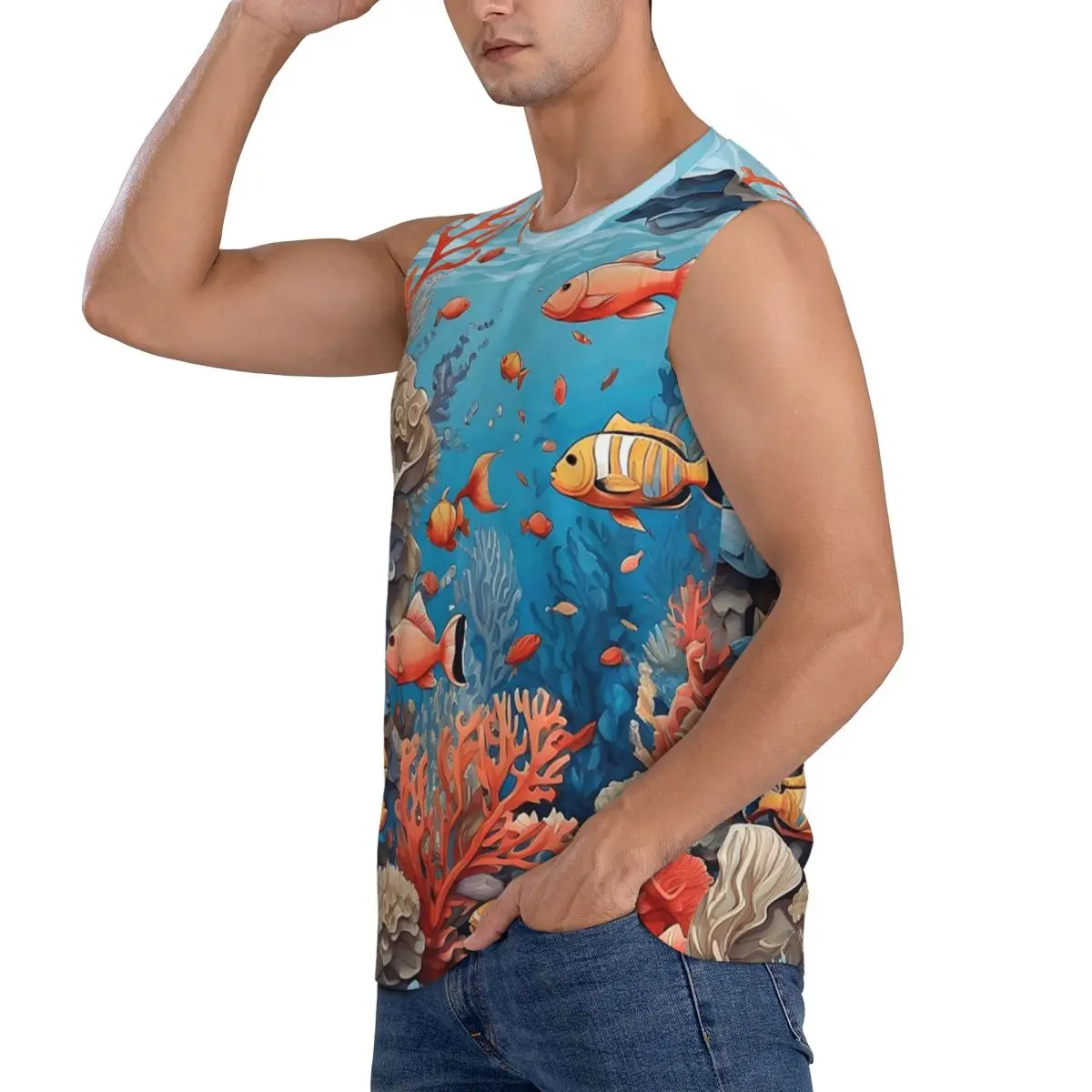 Coral Reef And Fishes Seamless Pattern Men Sleeveless Tank Tops Quick Dry Breathable Gym Fitness Running Summer Sport Vest