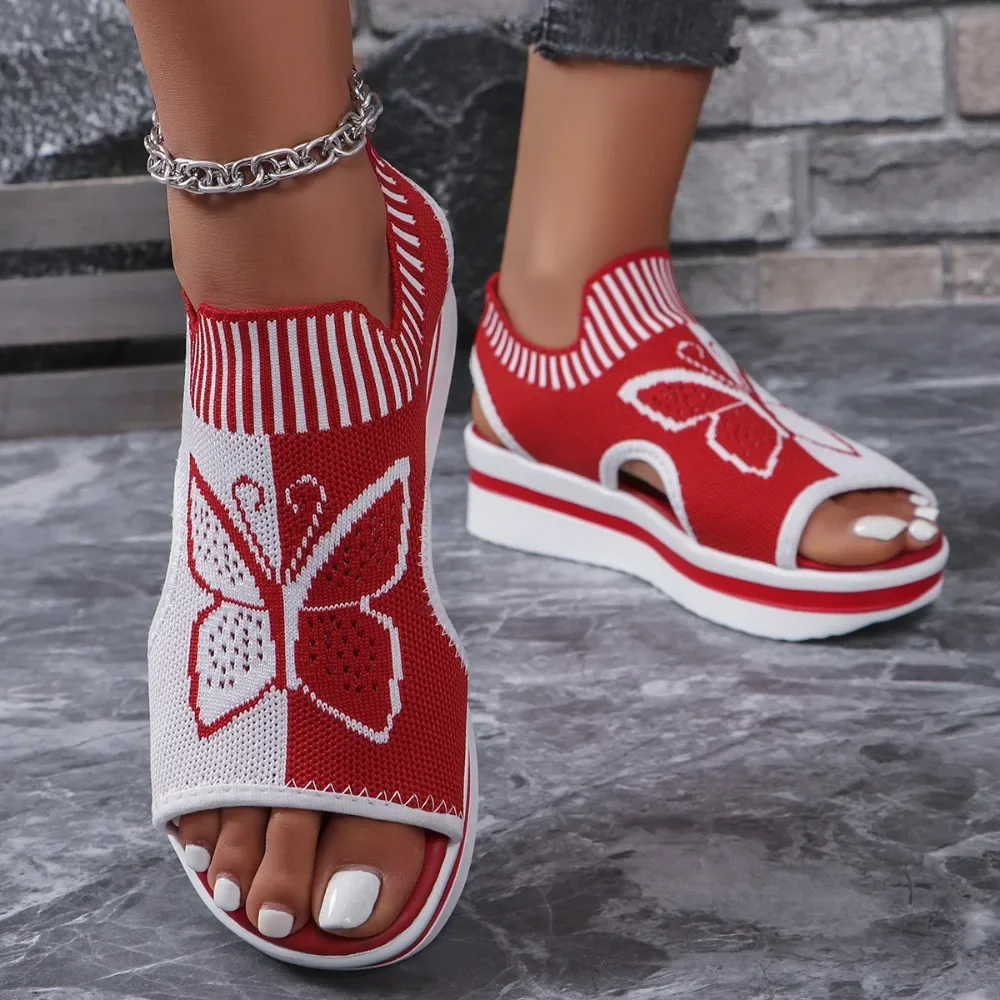 Women Knit Platform Wedge Sandals Butterfly Print Open Toe Hollow Out Slip on Thick Sole Summer Casual Ladies Walking Sandals - view 4