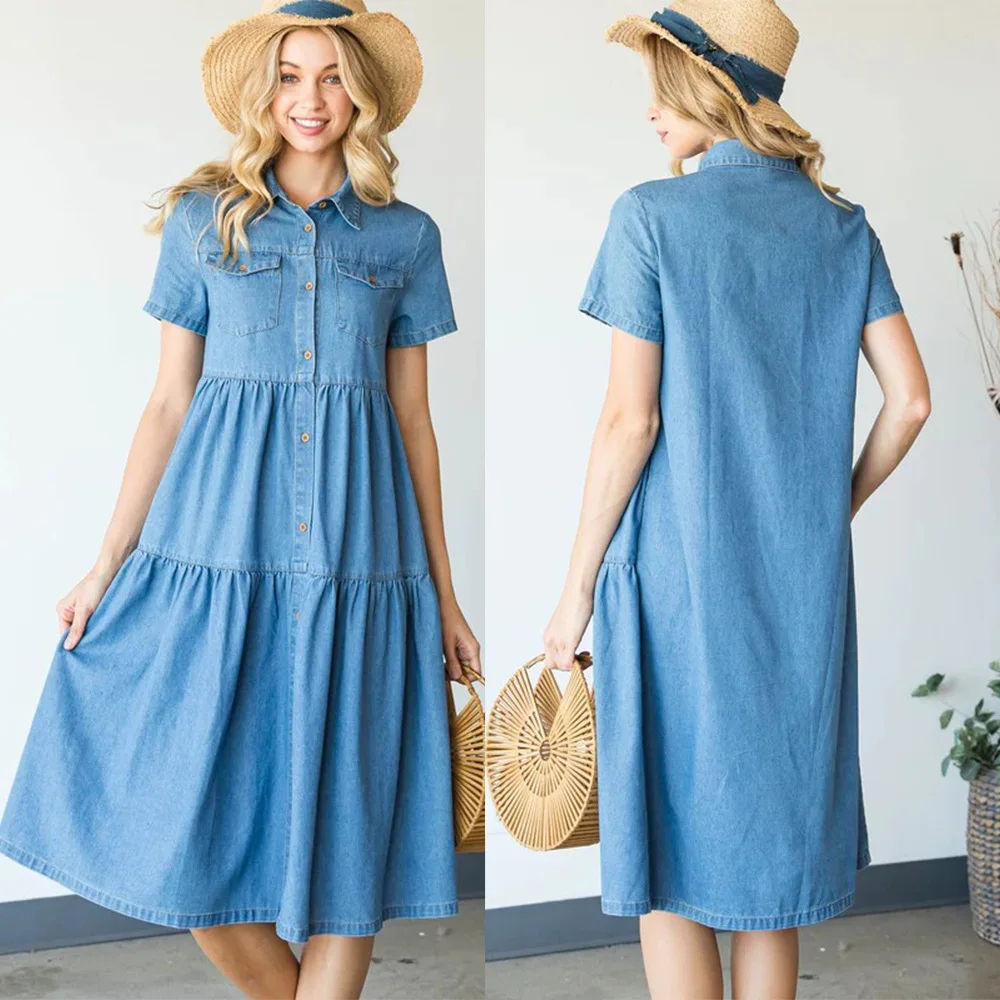 

2024 Summer Short Sleeve Lapel Casual Jeans Dress for Women