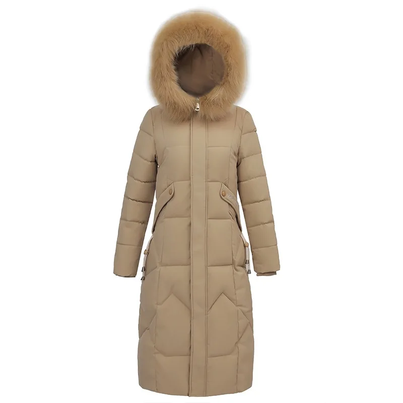 Winter Women Parkas With Furry Hood Solid Color Long Sleeves Pockets Outerwear Heat Retention Knee Length Zip-up Padded Coat