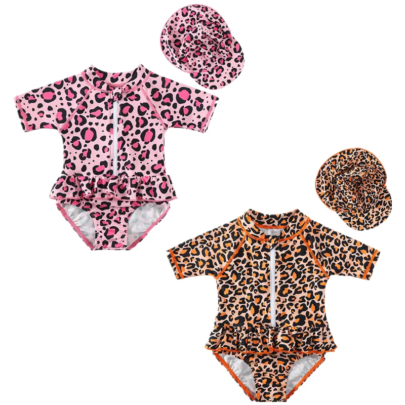 Bikini Cut Bottom Girls Swimsuit, One-Piece Short Sleeve Leopard Print Swimwear, Beach Pool, Kids Tween Swim Rash Guard, Summer