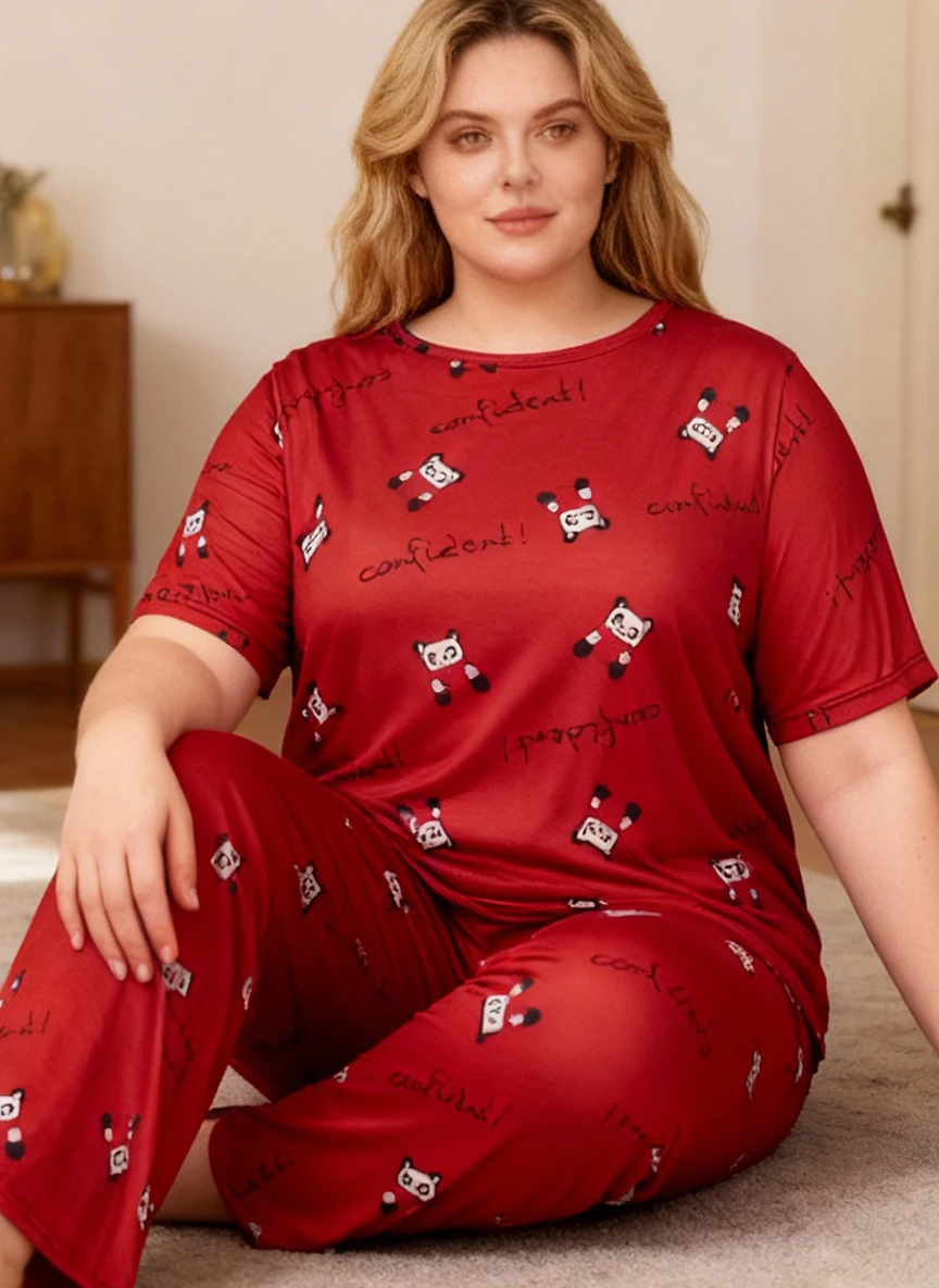 

Женский комплект домашней одежды больших размеров: повседневный топ с коротким рукавом и мультяшным принтом, круглым вырезом и брюки, мягкая домашняя одежда