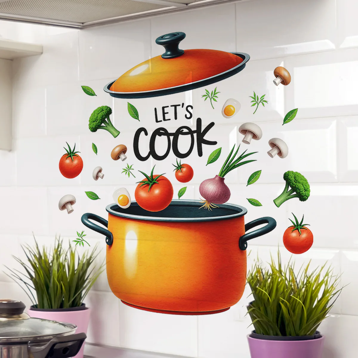 

Kitchen Pot & Vegetable Wall Decals - Tomato, Onion & Egg Stickers for Culinary Home & Shop Decor