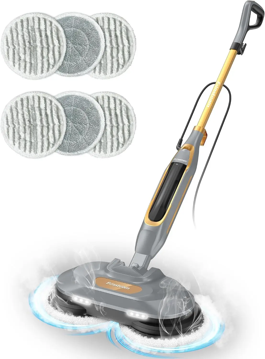 Steam and Scrub Mop, Steam Mop with Dual Rotating Pads, Swivel Steering, 2 LED Headlight, 4 Cleaning Modes, 15.2 fl oz Tank, 6 W