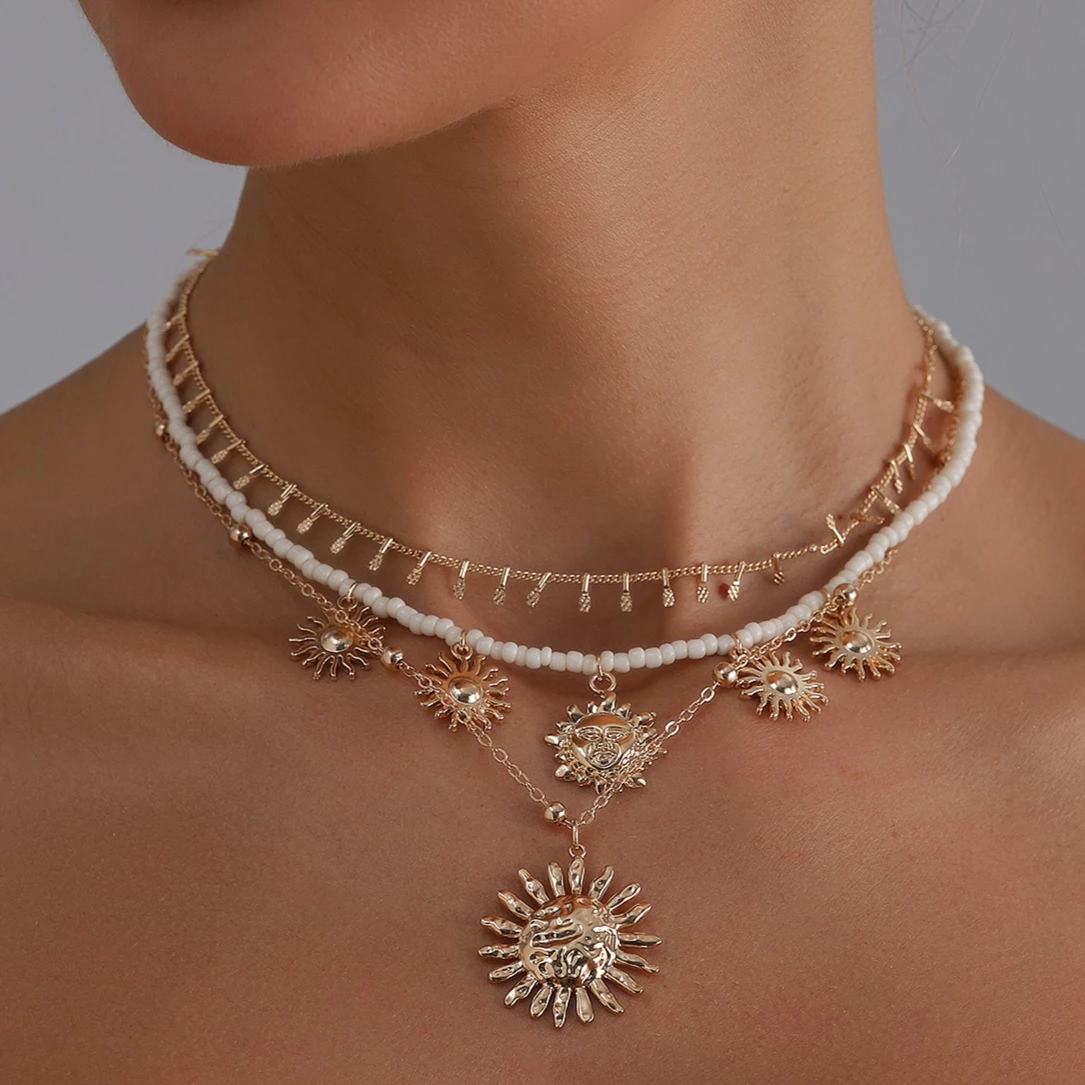 Layered Smile Necklace Retro Sun Pendant Gold Plated Lightweight Boho Accs for Coachella Outfits