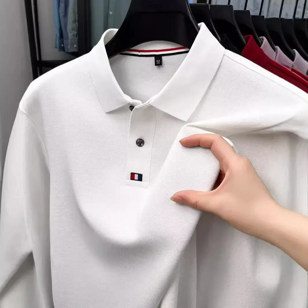 Collar T-shirt for men, long sleeved, autumn, middle-aged, business, pure cotton, casual polo shirt, top for men