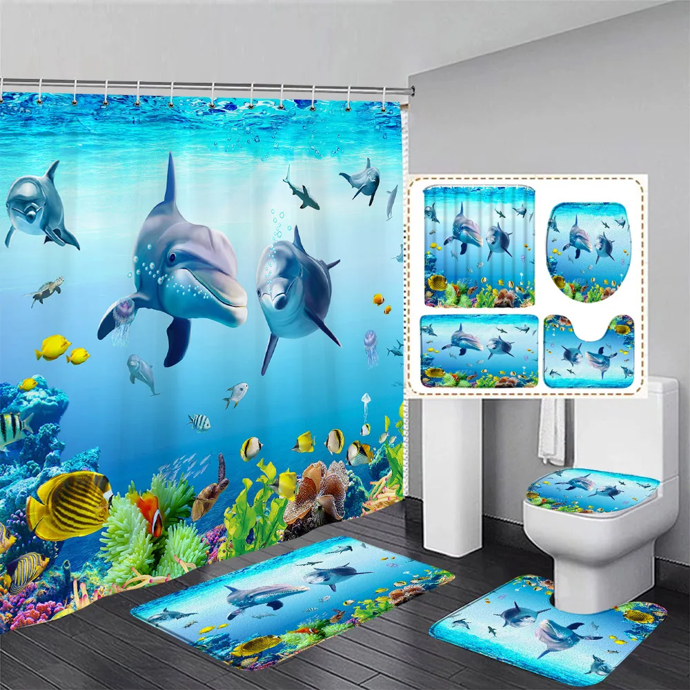 Funny Dolphin Shower Curtain Set Cute Ocean Animals Coral Underwater Scenery Bathroom Decor Non-slip Rug Bath Mats Toilet Cover