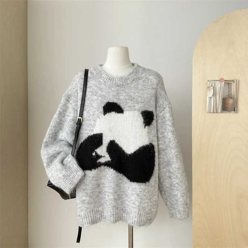 Autumn Winter Cute Panda Pull Sweaters Women Korean Casual Loose O-neck Cartoon Pullover Tops Lazy Style Long Sleeve Sweater