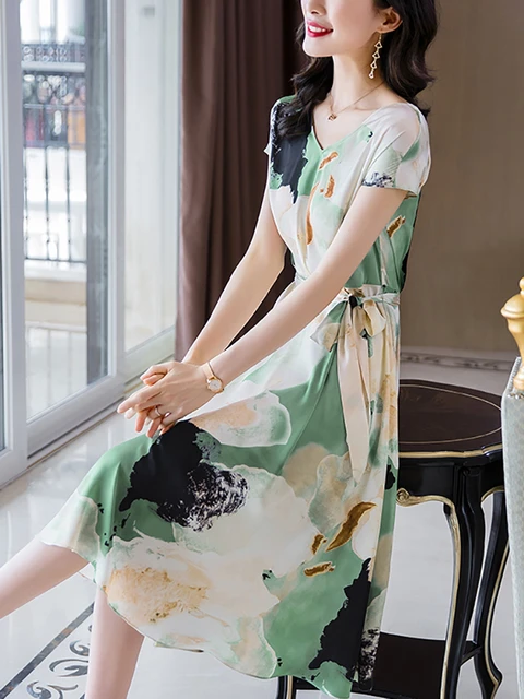 2022 Floral Silk Short Sleeve V neck Sexy Midi Dress Summer Fashion Light Beach Dress Women Korean Elegant Bodycon Party Dresses Dresses AliExpress