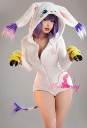 MOBBUNNY Women Sexy Fluffy Hooded Bodysuit Deep V Kawaii one piece Lingerie Rompers with Gloves and Socks