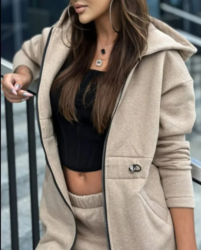 2 Piece Sets Womens Outfits Fashion Casual Solid  Zipper Loose Hooded Coat and Casual Pants for Female 2024 Autumn/Winter New