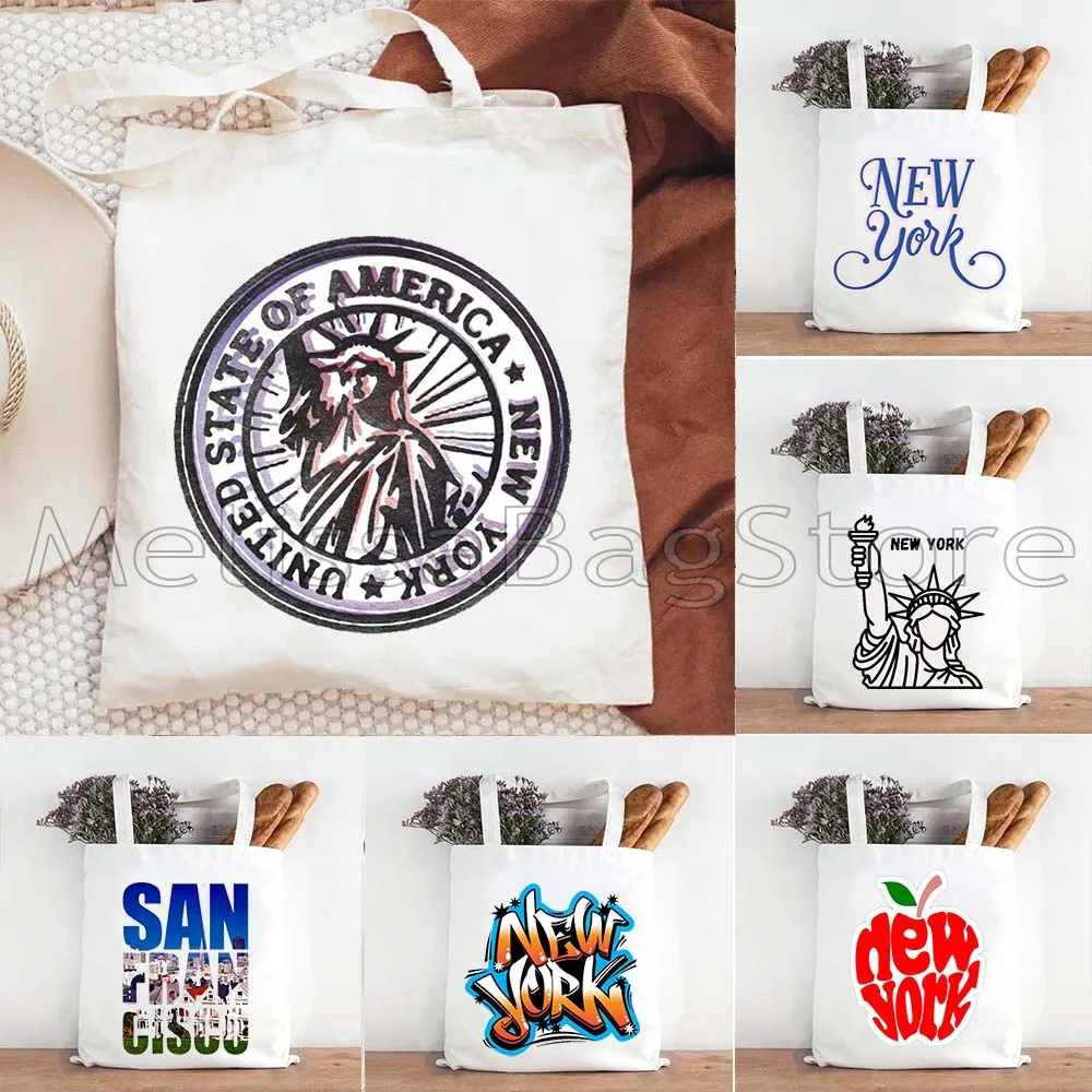 New York City The Big Apple NYC Gifts Statue Of Liberty Stamp San Francisco Lettering Print Cute Canvas Tote Bag Shopper Handbag