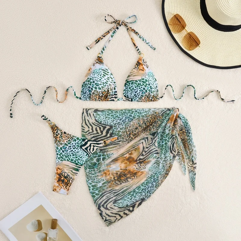Mode Druck Bikini Set Bademode Frauen 3 Stück Sexy Halter Dreieck Bikini Push-Up Bandage Cover Up 2025 Neue Split Badeanzug