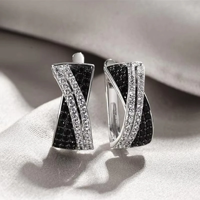 

Huajie Black White Cross Contrast Bright Zirconia Earrings Buckle for Women Personality Trend Party New Ear Jewelry