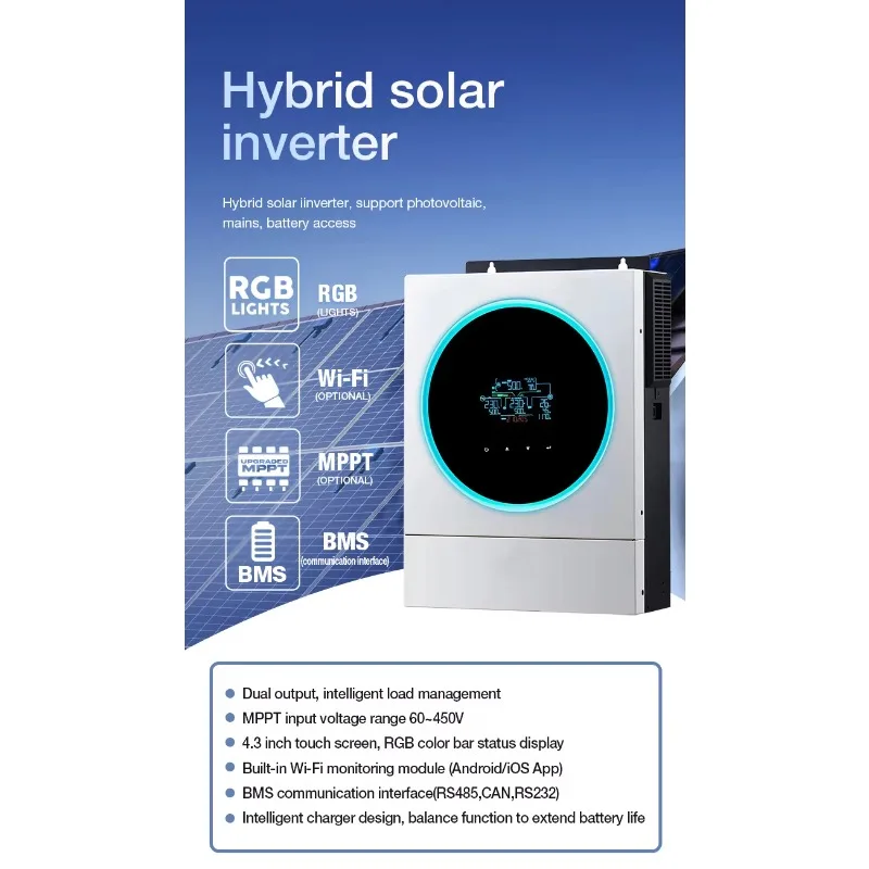 3.6KW 6KW 10KW 48V عاكس للطاقة الشمسية الهجين 220 فولت/230 فولت/400 فولت تشغيل/إيقاف الشبكة موجة جيبية نقية الهجين العاكس للطاقة الشمسية