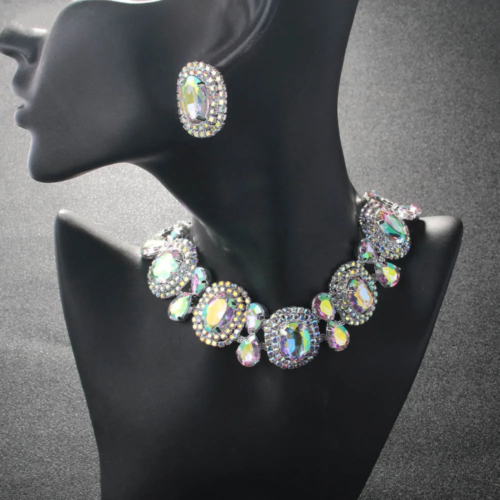 العروس حجر الراين البيضاوي قلادة طقم من الحلقان وصيفه الشرف مجوهرات الزفاف T المختنق قلادة حفلة موسيقية زي مجموعات مجوهرات ملونة