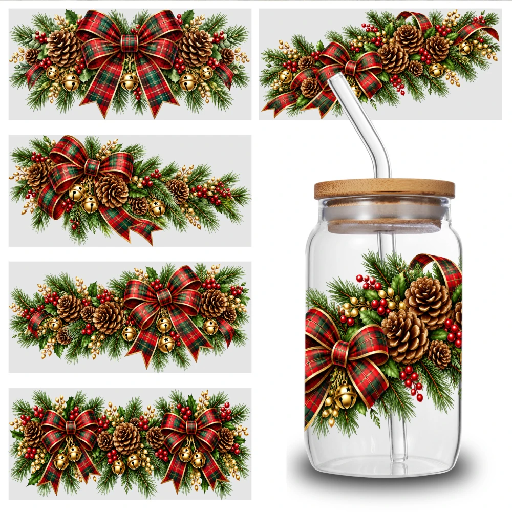 5 Sheets Christmas Pinecone Plaid Bow Pattern UV DTF Stickers DIY Water Bottle Glass UV DTF Transfer Stickers for Glass Cups