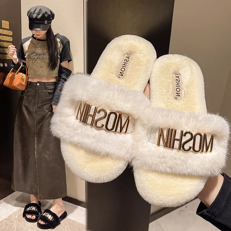 Plus Size 35-42 Plush Slippers Women Autumn and Winter New Fashion Metal Flat Cotton Slippers Non Slip Warm Zapatillas Planas