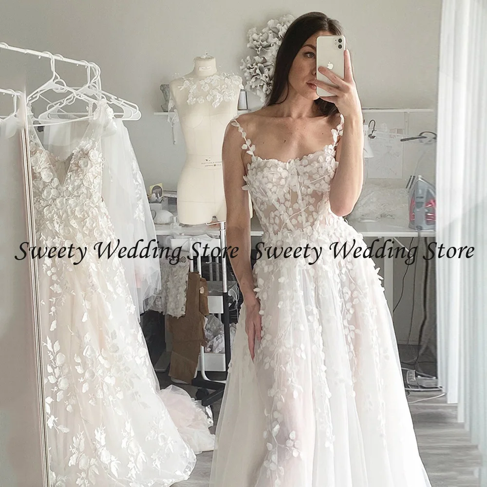 Boho vestido de casamento sexy alças de espaguete querida flores de renda ver-através de uma linha varredura trem robe de mariee vestido de noiva 2023