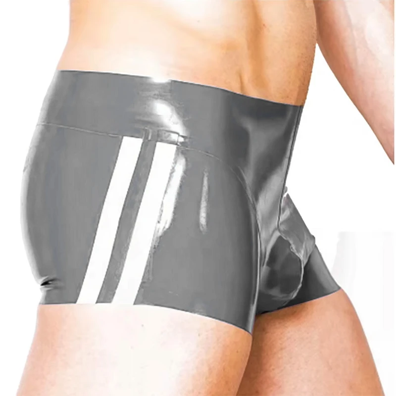 Silver White Sexy Latex Boxer Briefs With Contoured Pouch Stripe Waistband Rubber Hipster Shorts Trunks Daisy Dukes Underwear 04