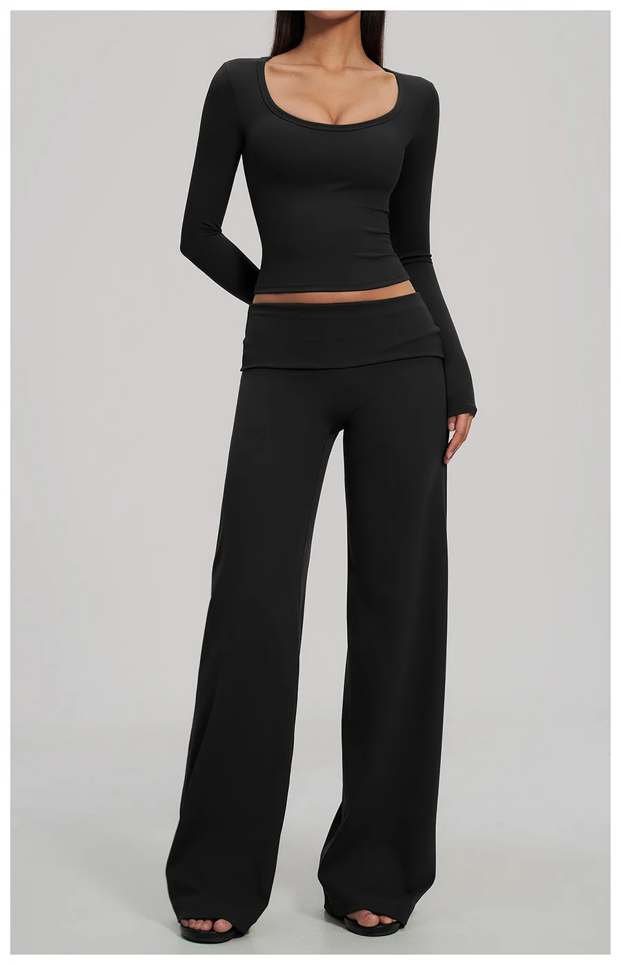2-teiliges Yoga-Set für Damen, Langarm-Fitness-Oberteil, Trainingsanzug, Sportbekleidung, High-Waist-Hose mit geradem Bein, Fitness-Sportanzug – Detail 25