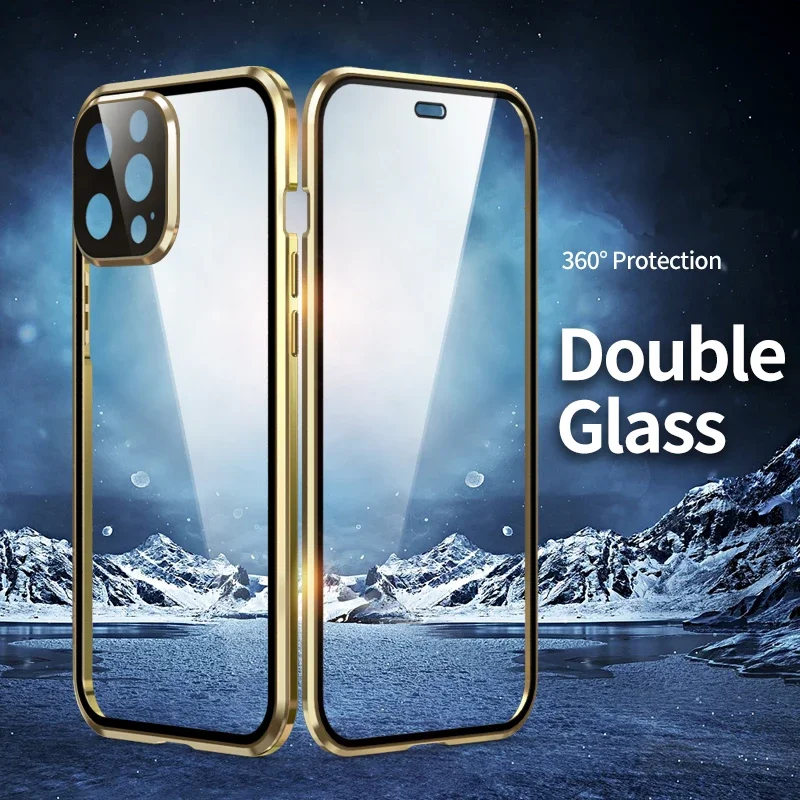 Double Sided Temper Glass Metal Magnetic Phone Case for IPhone 16 15 Plus 11 14 Pro Max 12 13 Mini Full Lens Protect Cover Cases