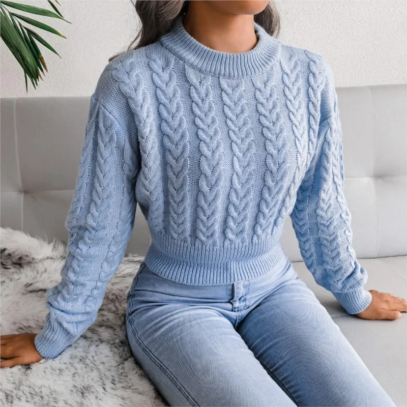 Autumn and Winter 2024 Fashion New Fried Dough Twists Waist Closing Knit Umbilical Exposed Solid Sweater Women's Wear