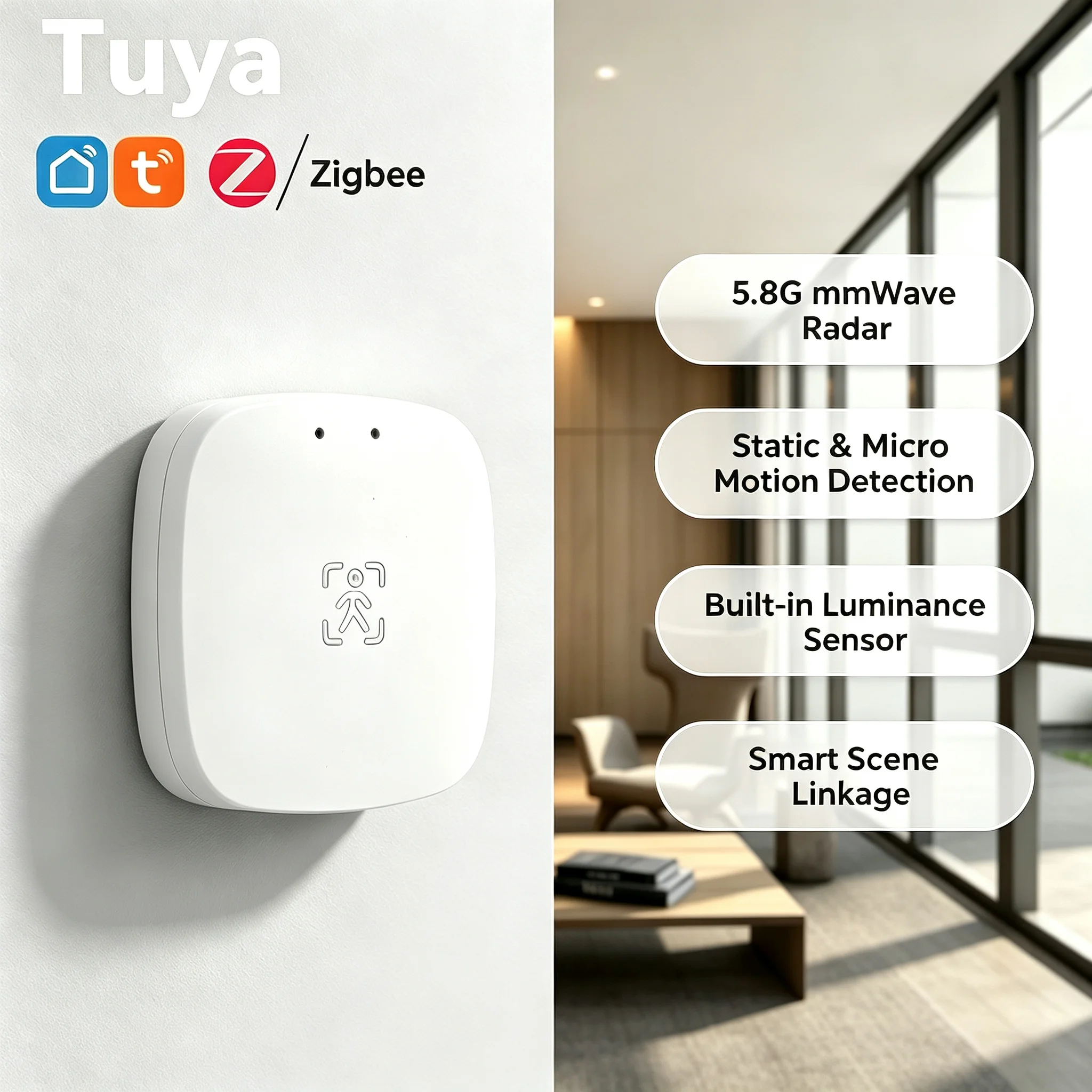 Zigbee 24G mmWave Human Presence Radar Sensor Static Micro Motion and Luminance Detector Tuya Smart Home Scene Linkage