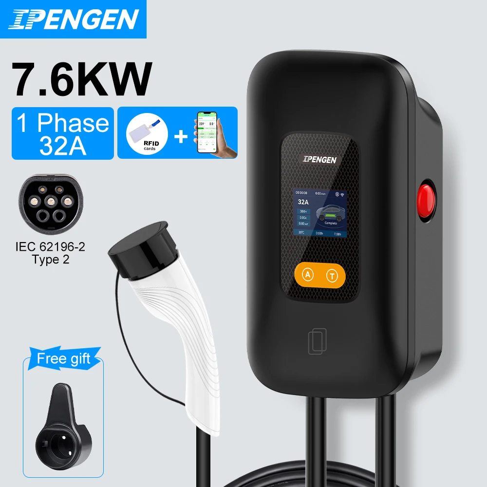 IPENGEN EV Charging Station 32A Electric Vehicle Car Charger EVSE Wallbox Wallmount 7.6/11/22KW Type2 Cable IEC62196 APP Control