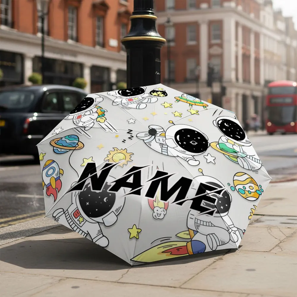 Custom Name umbrella, Cute Astronaut and Space Adventure Design Fashion Folding Umbrella for Sunny and Rainy, Christmas Gift