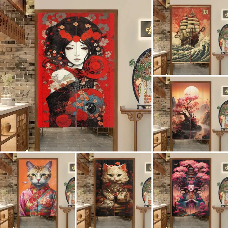 Cortina de puerta japonesa Ukiyo-e Noren de VIKAMA, cortina divisoria floral con figuras de animales retro orientales, decoración para el hogar y restaurante