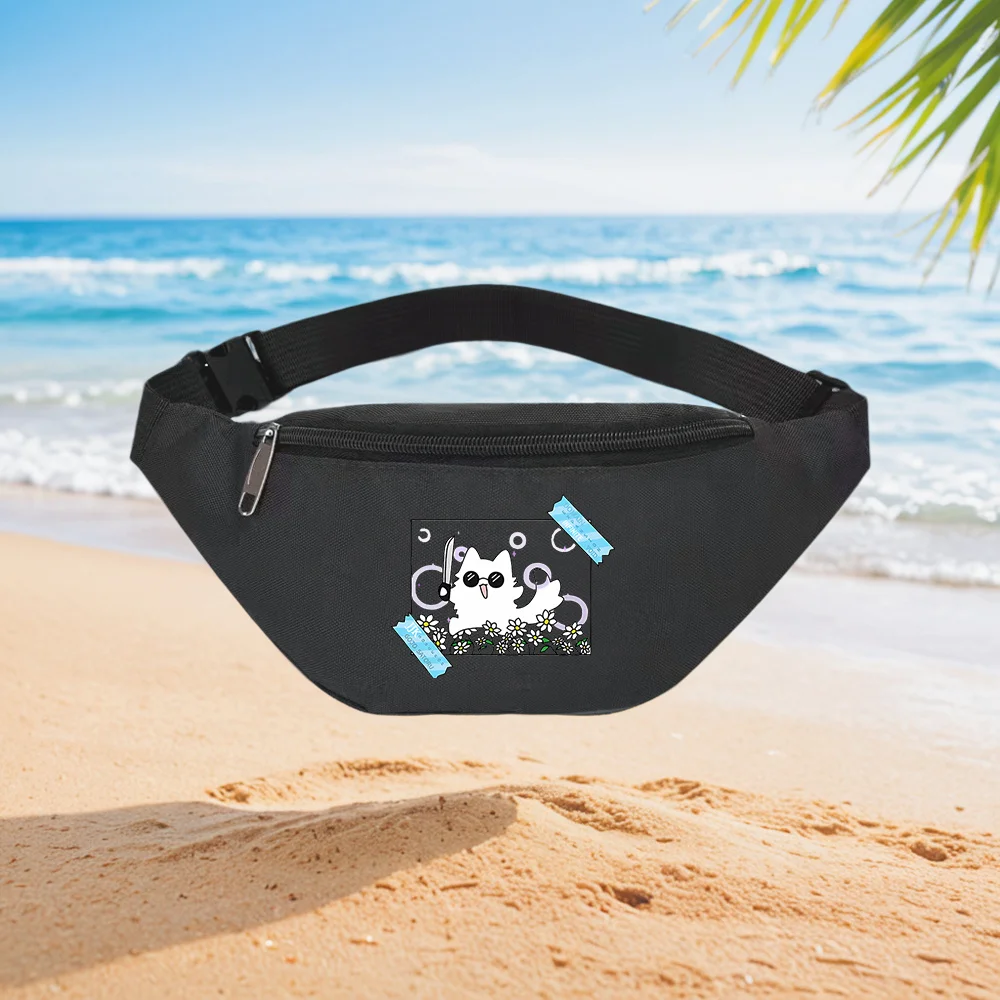 Cute White Cat with Knife in Flowers Infinite Void Domain Expansion Gojo Satoru Waist Backpack Crossbody Chest Bag Street Casual