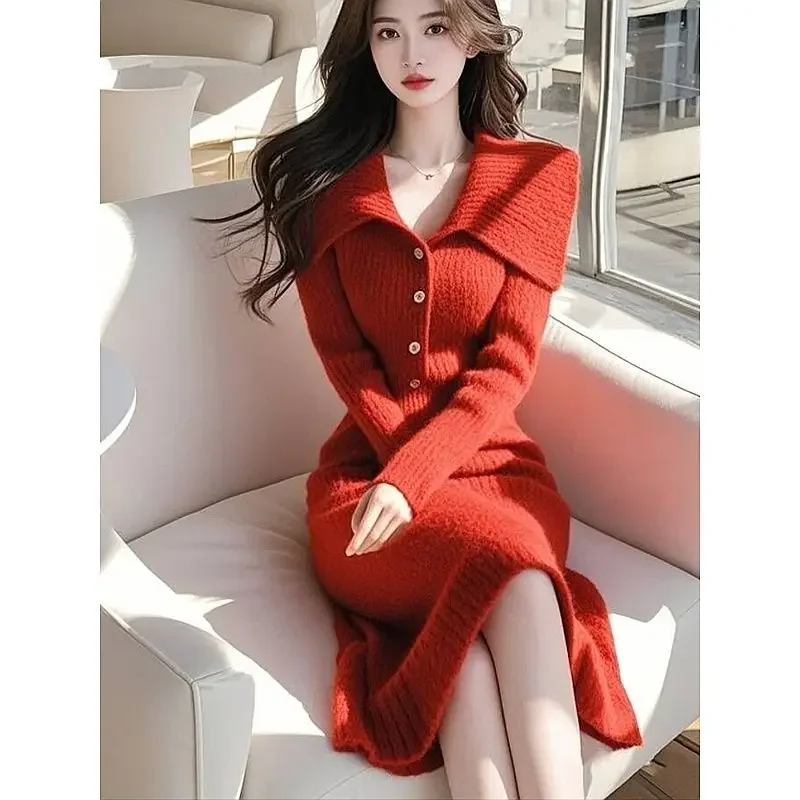 Outono inverno feminino ancara vermelho malha camisola vestido fino ajuste estilo tweed manga longa bodycon vestido para camadas sofisticadas