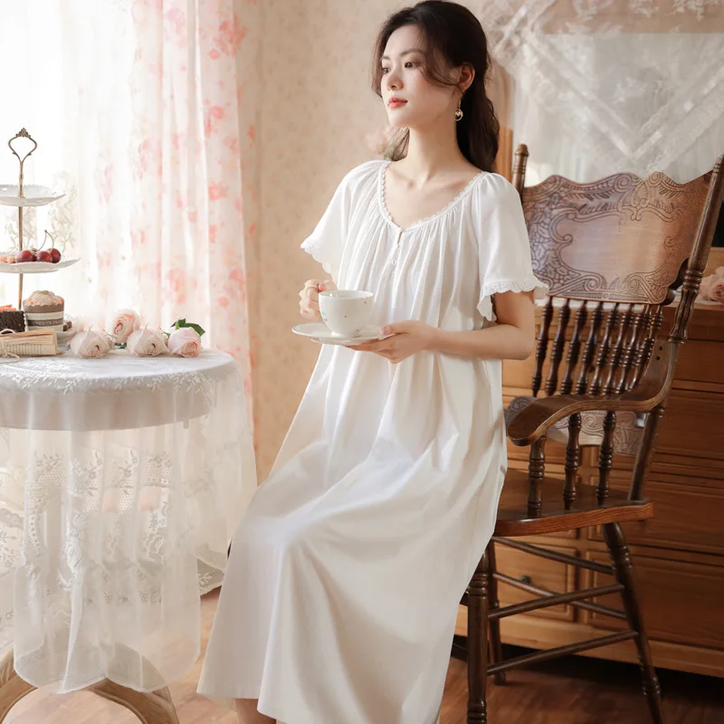 ผู้หญิงหวานแขนสั้นผ้าฝ้าย Nightdress รอบคอหลวม Nightie Casual PLUS ขนาดชุดนอนยาวกลางลูกวัว Nightgowns