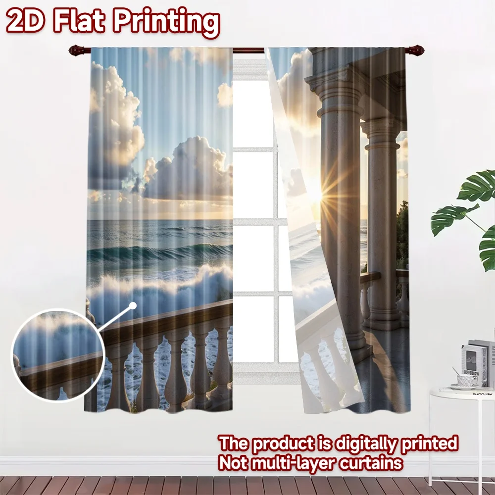 2D flat 2pcs Curtain French Romantic Style Sunrise Ocean Balcony Digitally printed polyester, colorfast Holiday Decorations Use