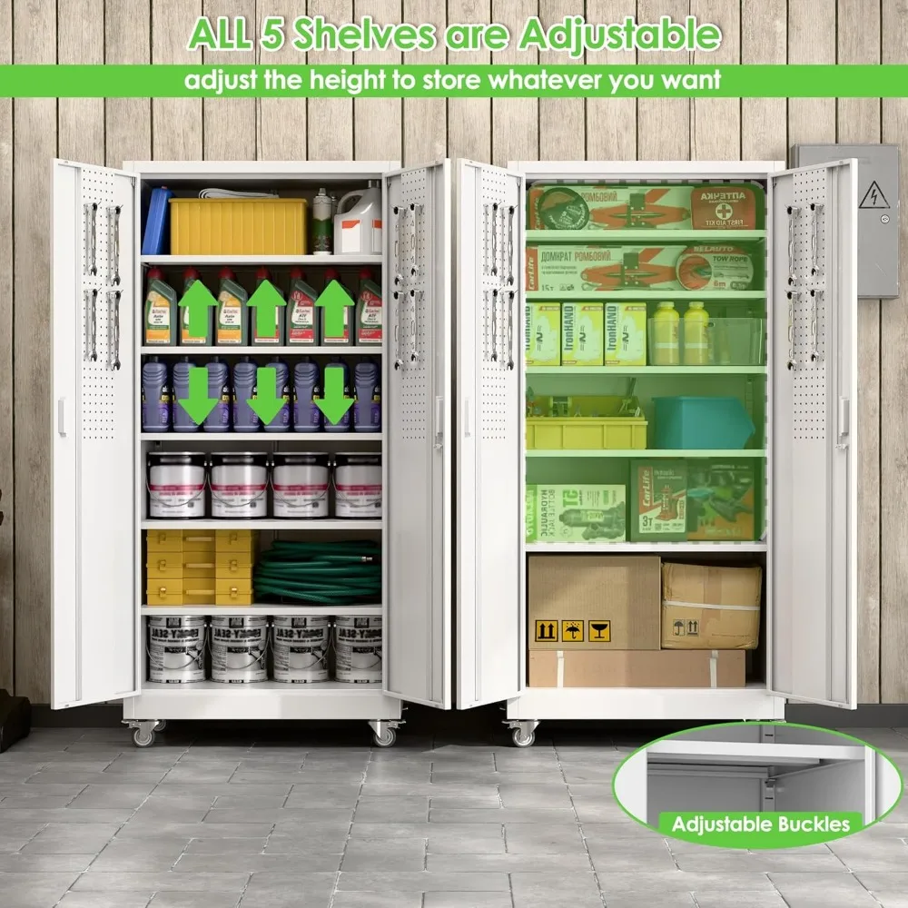 Metall-Aufbewahrungsschrank 32 x 16 mit 5 verstellbaren Regalen und Stecktafeln, Garagen-Aufbewahrungsschrank auf Rädern zur Organisation