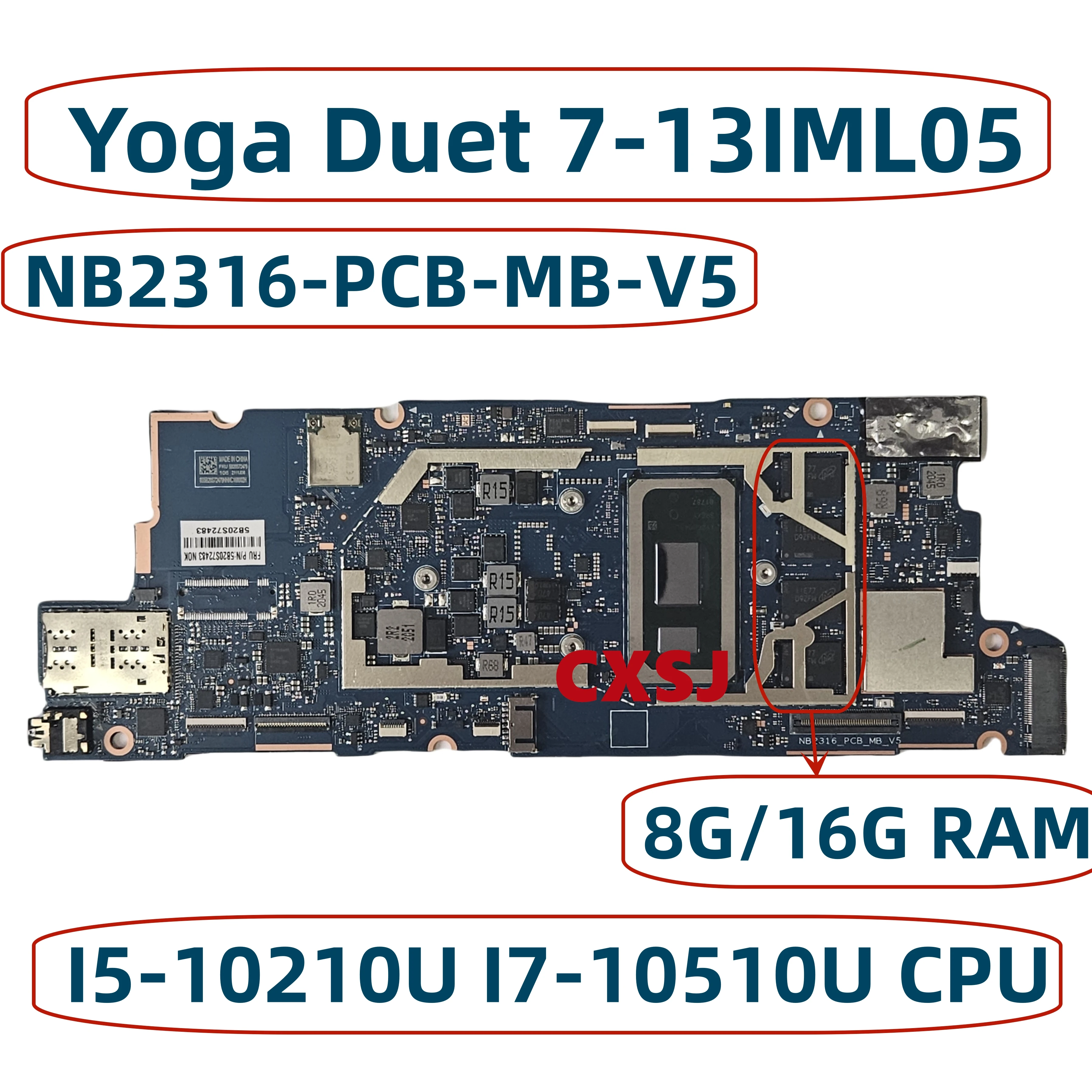 NB2316-PCB-MB-V5 For Lenovo Yoga Duet 7-13IML05 Notebook Motherboard NB2316 With I5/ I7 10th Gen cpu 8G/16G RAM 100% test work